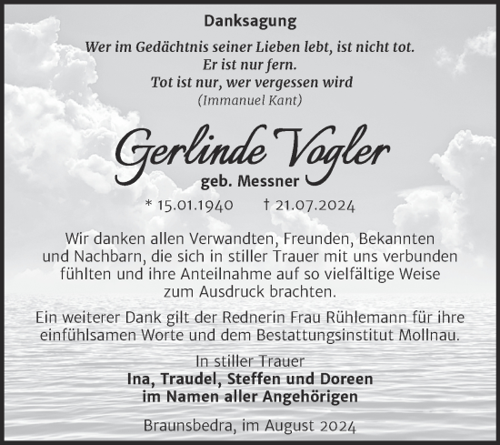 Traueranzeige von Gerlinde Vogler von Trauerkombi Merseburg