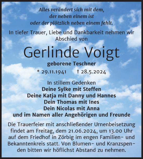 Traueranzeige von Gerlinde Voigt von Trauerkombi Bitterfeld