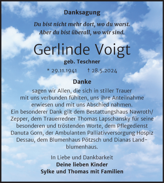 Traueranzeige von Gerlinde Voigt von Trauerkombi Bitterfeld