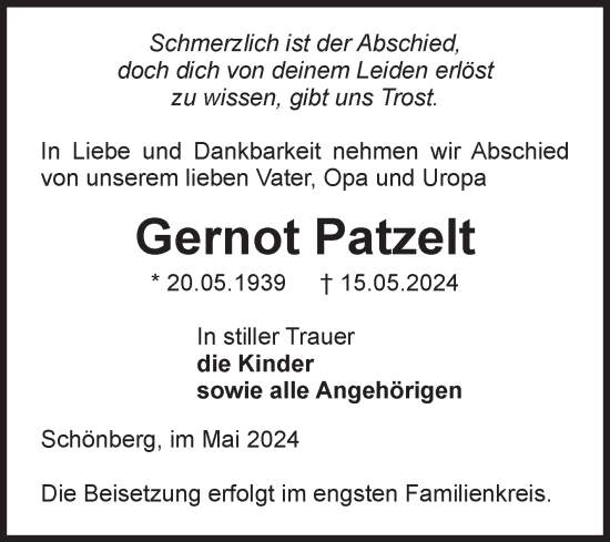 Traueranzeige von Gernot Patzelt von Volksstimme Altmark Ost