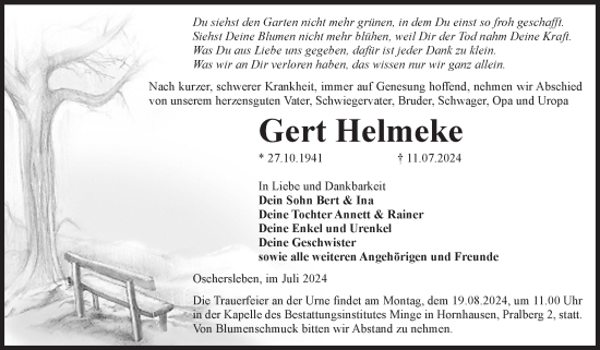Traueranzeige von Gert Helmeke von Volksstimme Oschersleben/Wanzleben