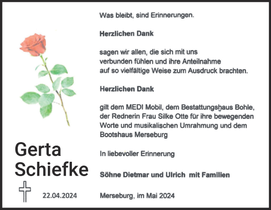 Traueranzeige von Gerta Schiefke von Trauerkombi Merseburg