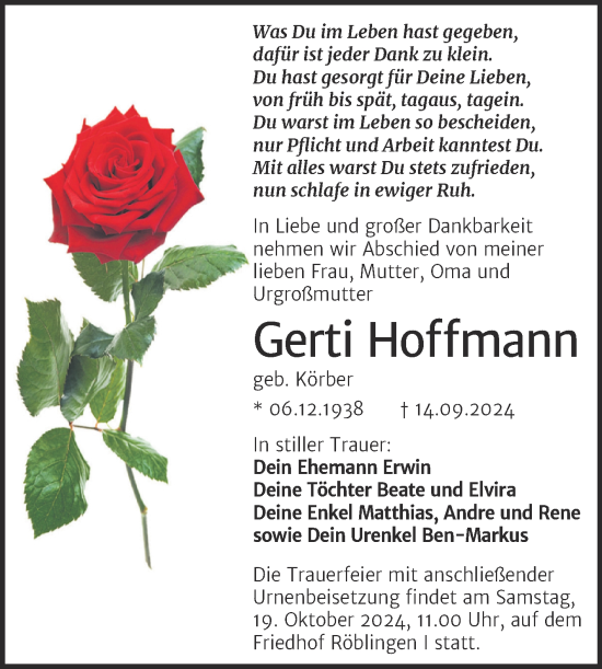 Traueranzeige von Gerti Hoffmann von Trauerkombi Mansfelder Land