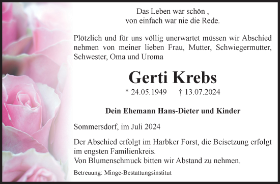 Traueranzeige von Gerti Krebs von Volksstimme Oschersleben/Wanzleben