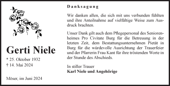 Traueranzeige von Gerti Niele von Volksstimme Burg/Genthin