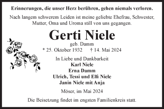 Traueranzeige von Gerti Niele von Volksstimme Burg/Genthin
