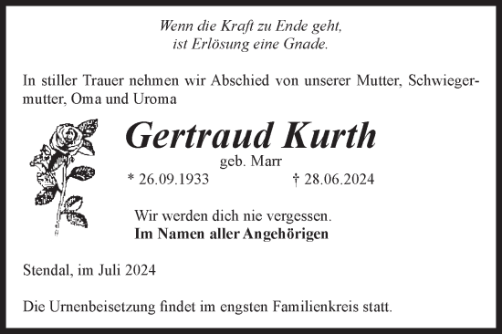 Traueranzeige von Gertraud Kurth von Volksstimme Altmark Ost