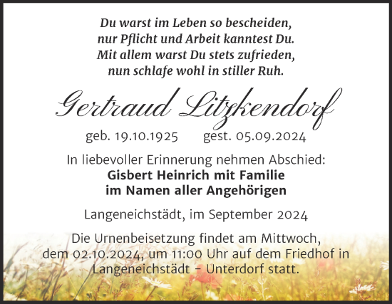 Traueranzeige von Gertraud Litzkendorf von Trauerkombi Merseburg