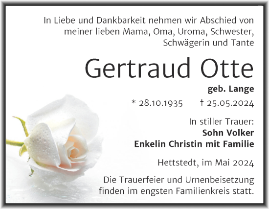 Traueranzeige von Gertraud Otte von Trauerkombi Mansfelder Land