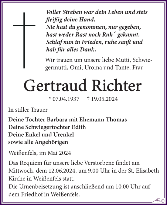Traueranzeige von Gertraud Richter von Trauerkombi Weißenfels