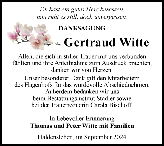 Traueranzeige von Gertraud Witte von Volksstimme Haldensleben/Wolmirstedt