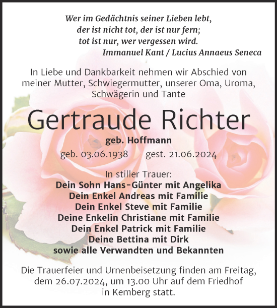 Traueranzeige von Gertraude Richter von Trauerkombi Wittenberg