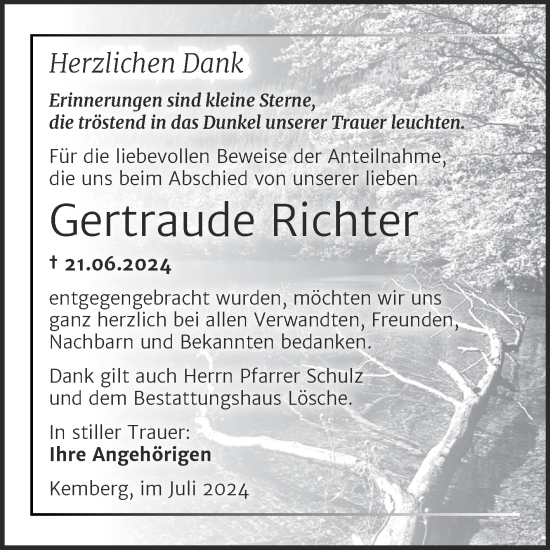 Traueranzeige von Gertraude Richter von Trauerkombi Wittenberg