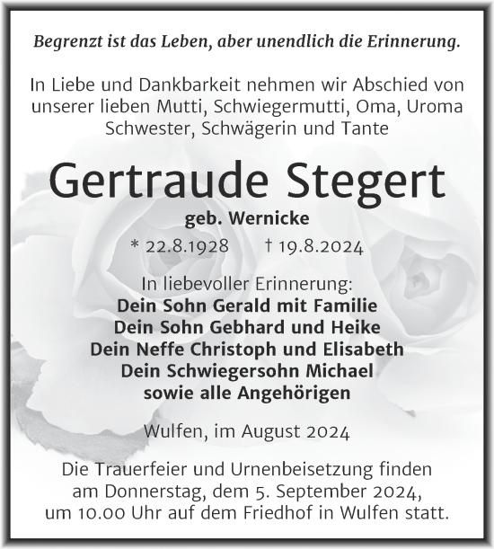 Traueranzeige von Gertraude Stegert von Trauerkombi Köthen