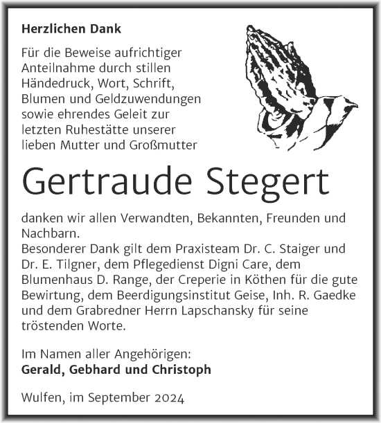 Traueranzeige von Gertraude Stegert von Trauerkombi Köthen