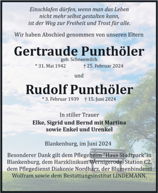 Traueranzeige von Gertraude und Rudolf Punthöler von Volksstimme Wernigerode