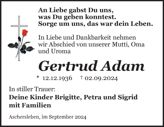 Traueranzeige von Gertrud Adam von Trauerkombi Aschersleben