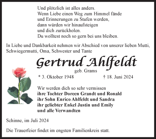 Traueranzeige von Gertrud Ahlfeldt von Volksstimme Altmark Ost