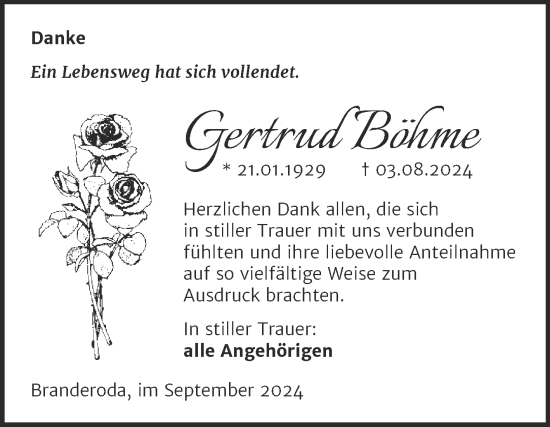 Traueranzeige von Gertrud Böhme von Trauerkombi Merseburg