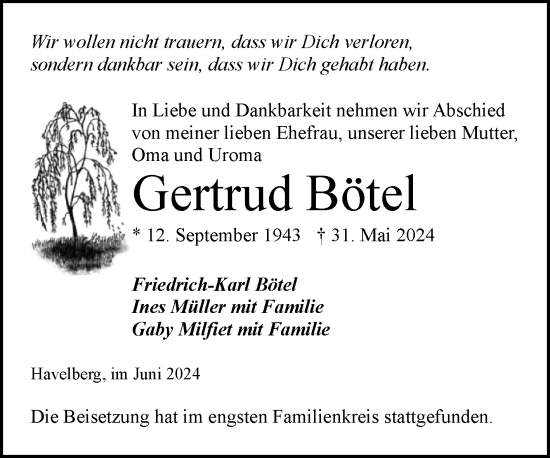 Traueranzeige von Gertrud Bötel von Volksstimme Altmark Ost