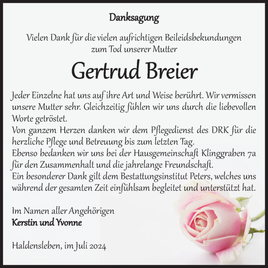 Traueranzeige von Gertrud Breier von Volksstimme Haldensleben/Wolmirstedt