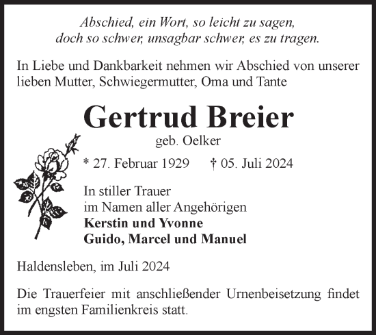 Traueranzeige von Gertrud Breier von Volksstimme Haldensleben/Wolmirstedt