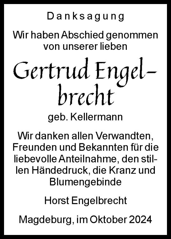 Traueranzeige von Gertrud Engelbrecht von Volksstimme Magdeburg