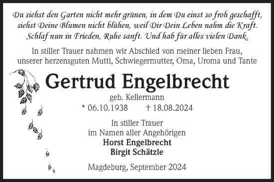 Traueranzeige von Gertrud Engelbrecht von Volksstimme Magdeburg