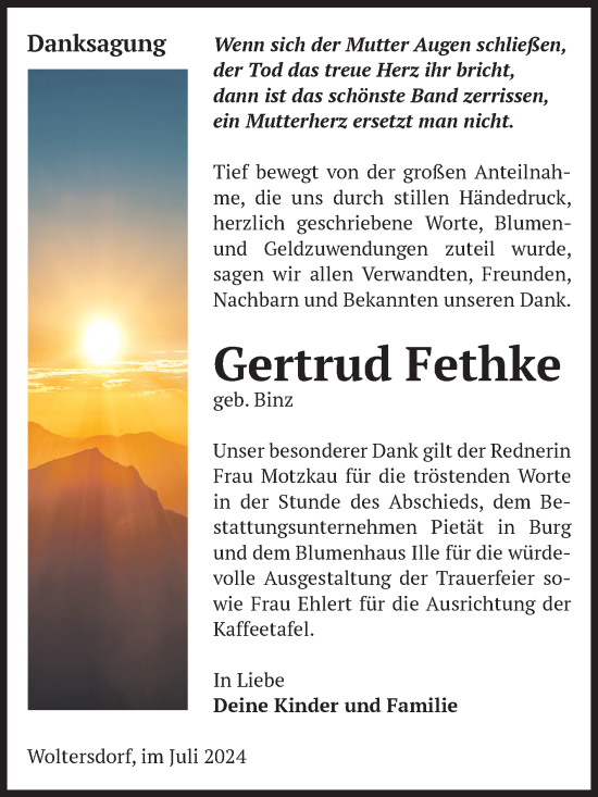 Traueranzeige von Gertrud Fethke von Volksstimme Burg/Genthin