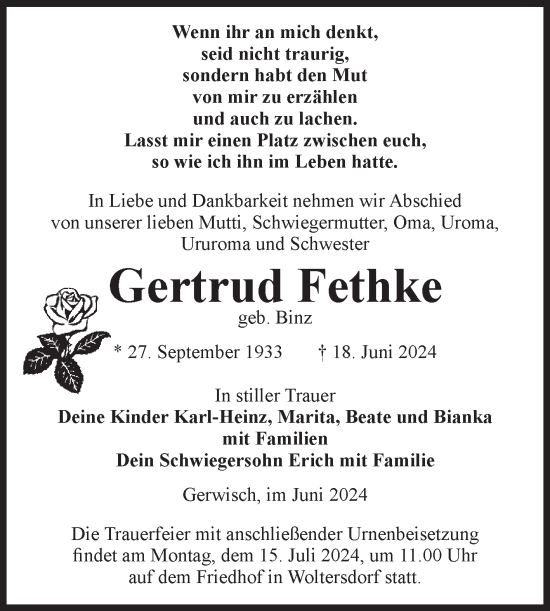 Traueranzeige von Gertrud Fethke von Volksstimme Burg/Genthin