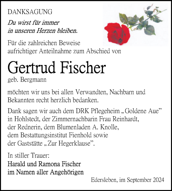 Traueranzeige von Gertrud Fischer von Trauerkombi Sangerhausen