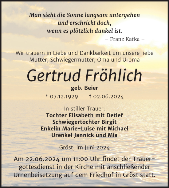 Traueranzeige von Gertrud Fröhlich von Trauerkombi Merseburg