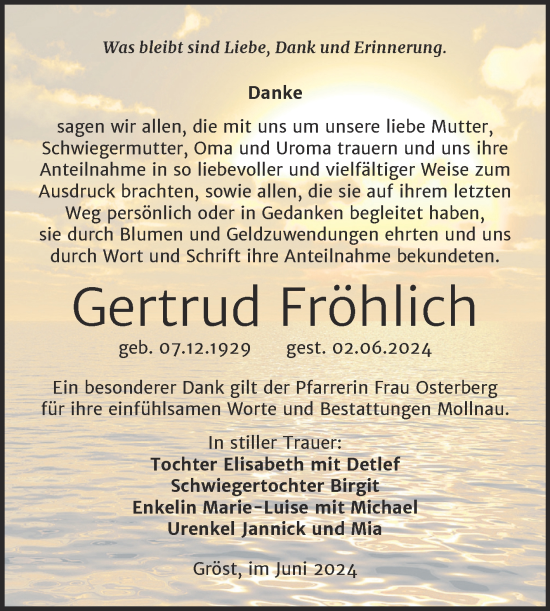 Traueranzeige von Gertrud Fröhlich von Trauerkombi Merseburg