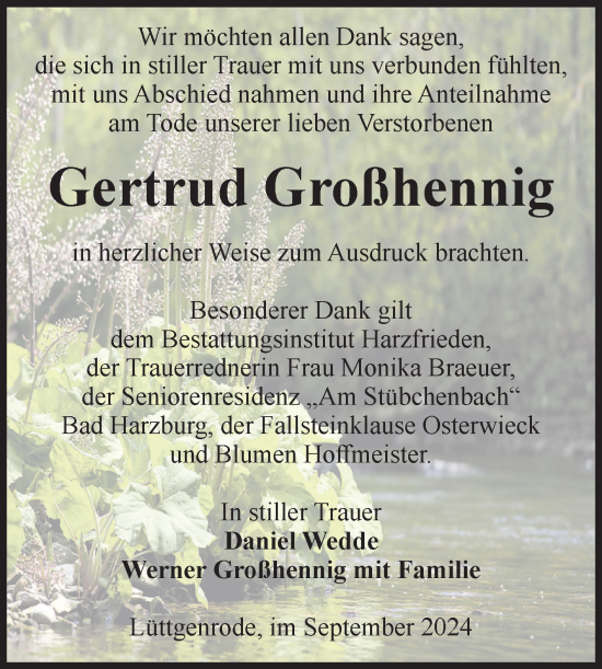 Traueranzeige von Gertrud Großhennig von Volksstimme Halberstadt