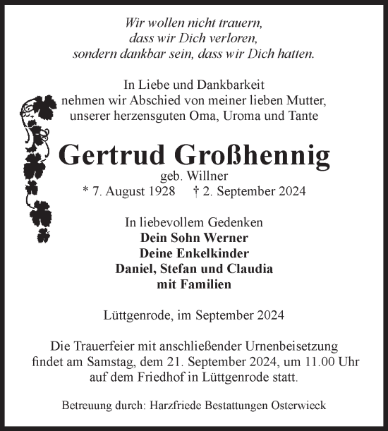 Traueranzeige von Gertrud Großhennig von Volksstimme Halberstadt