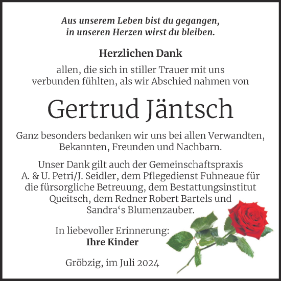 Traueranzeige von Gertrud Jäntsch von Trauerkombi Köthen