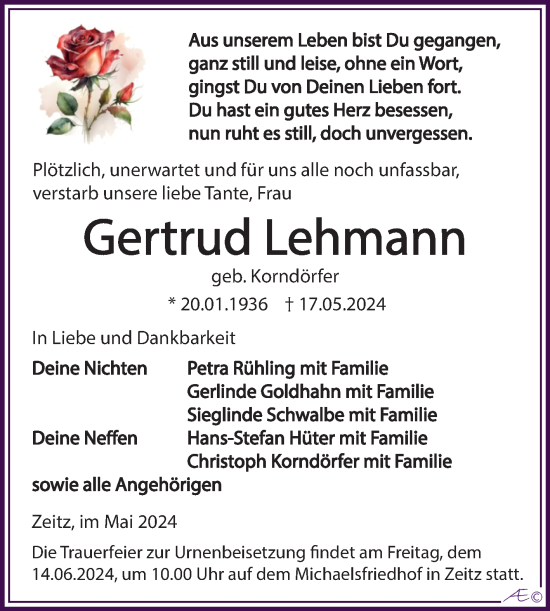 Traueranzeige von Gertrud Lehmann von Trauerkombi Zeitz