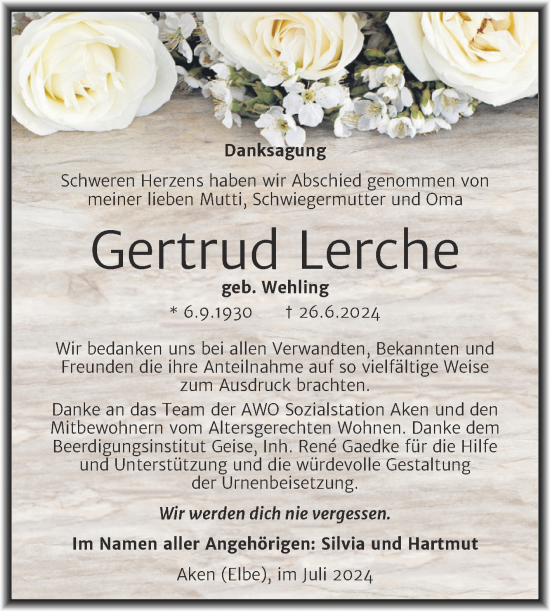 Traueranzeige von Gertrud Lerche von Trauerkombi Köthen
