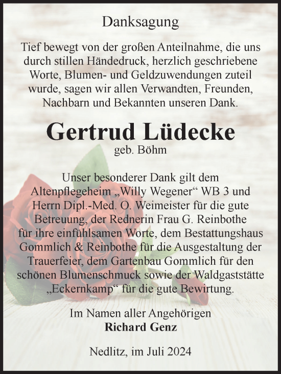 Traueranzeige von Gertrud Lüdecke von Volksstimme Zerbst
