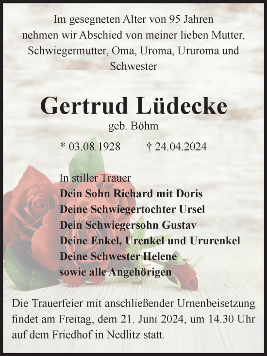 Traueranzeige von Gertrud Lüdecke von Volksstimme Zerbst