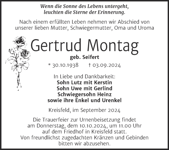 Traueranzeige von Gertrud Montag von Trauerkombi Mansfelder Land