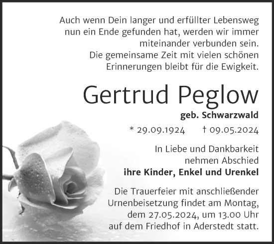 Traueranzeige von Gertrud Peglow von Trauerkombi Bernburg