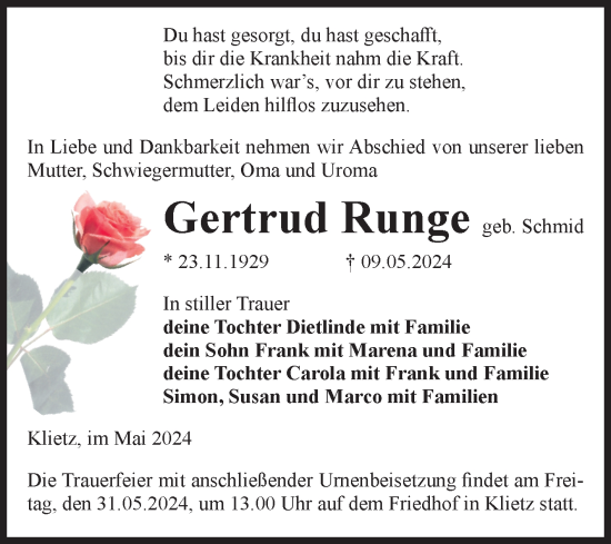 Traueranzeige von Gertrud Runge von Volksstimme Altmark Ost