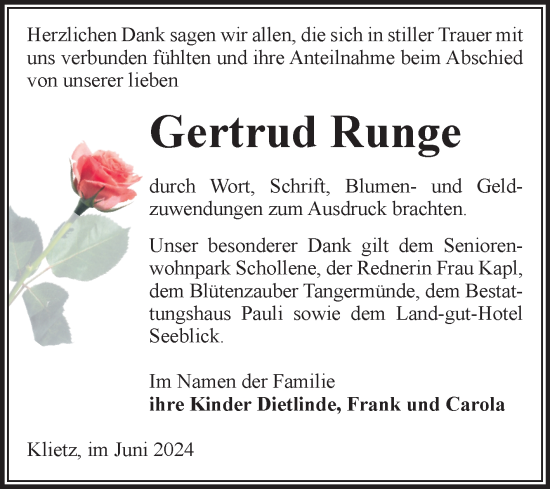 Traueranzeige von Gertrud Runge von Volksstimme Altmark Ost