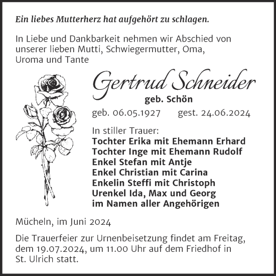 Traueranzeige von Gertrud Schneider von Trauerkombi Merseburg
