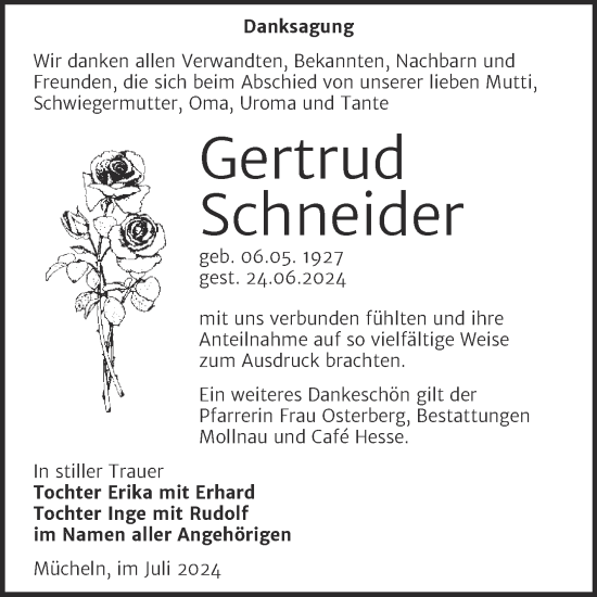 Traueranzeige von Gertrud Schneider von Trauerkombi Merseburg
