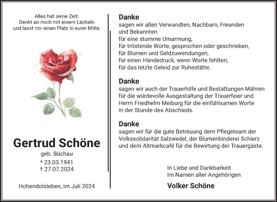 Traueranzeige von Gertrud Schöne von Volksstimme Altmark West