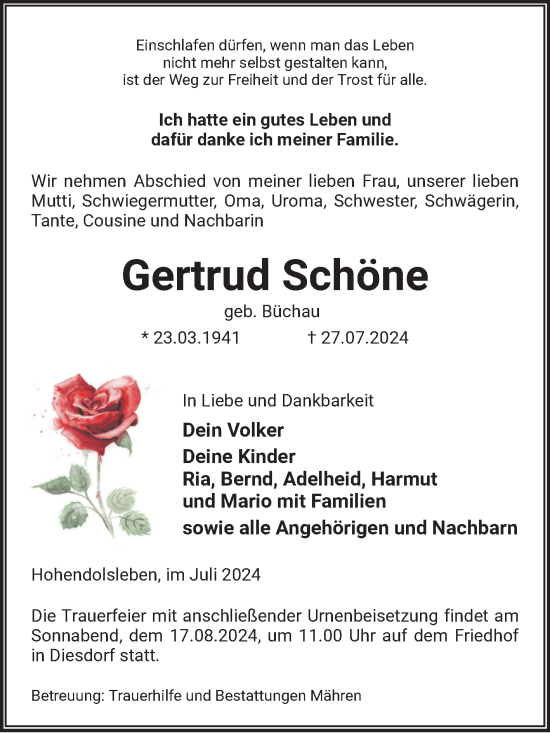 Traueranzeige von Gertrud Schöne von Volksstimme Altmark West