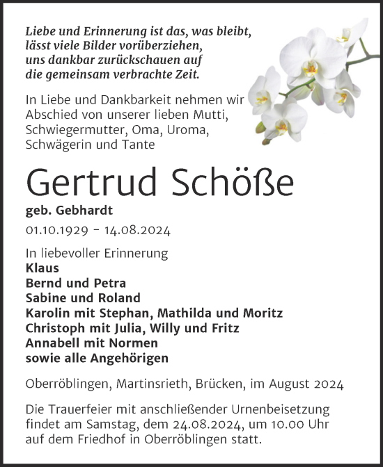 Traueranzeige von Gertrud Schöße von Trauerkombi Sangerhausen