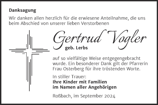 Traueranzeige von Gertrud Vogler von Trauerkombi Merseburg